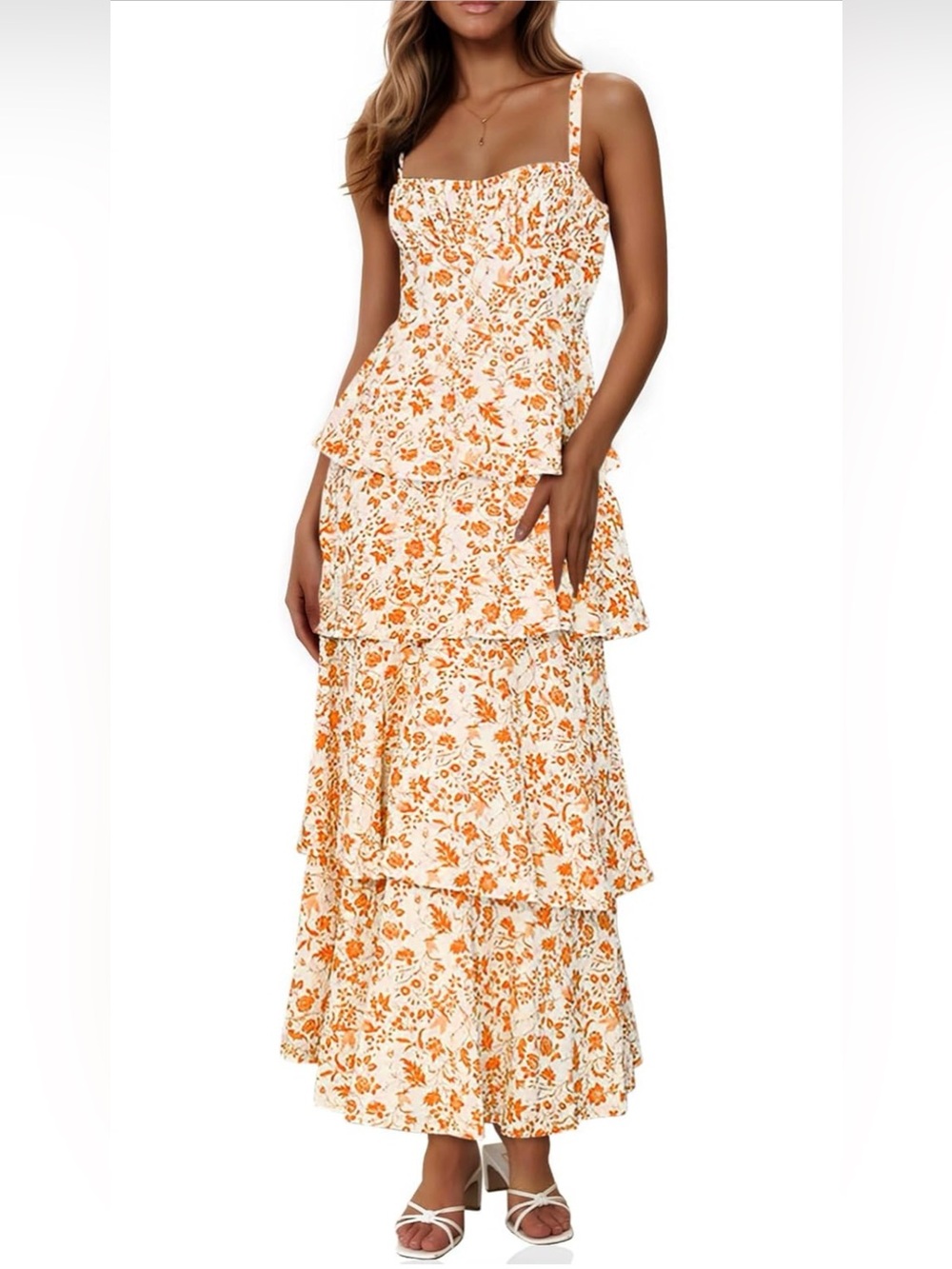 Floral Tiered Sundress - White & Orange